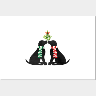 Christmas Black Labrador Dogs Kissing Mistletoe Posters and Art